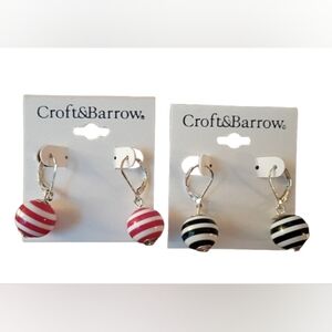 NWT Croft & Barrow 2-Pair Striped Bead Leverback Drop Earrings Nautical Round